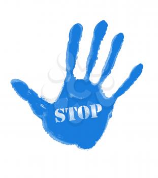 Illustration of blue handprint with the word ''Stop''