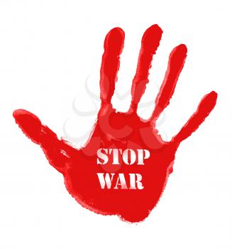 Illustration of red handprint with the word ''Stop war''