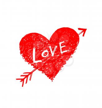 Drawing of a heart pierced by an arrow with word Love