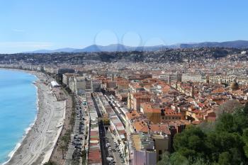 Panoramic view of spring Nice coastline and old town, French Riviera