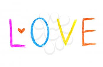 Color word ''Love'' with abstract heart on white background