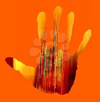 Abstract hand on bright orange background