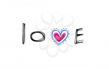 Word ''Love'' with abstract color heart on white background