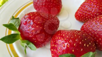 Ripe strawberries on ceramic plate closeup