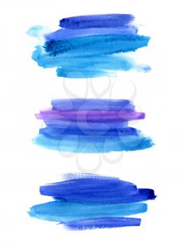Set of abstract blue watercolor stextures isolated on white background, hand made drawing