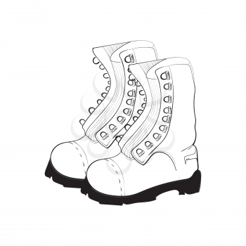 Illustration of hand drawn, doodle boots isolated on white background