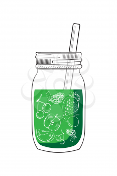 Illustration of hand drawn green smoothie jar isolated on white background