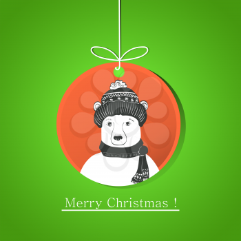 Illustration of modern flat card with doodle bear on Christmas ball