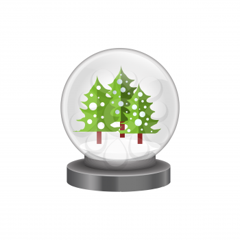 Illustration of modern snow globe with pine trees isolated on white background