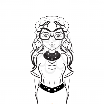 Illustration with doodle girl wearing glasses isolated on white background