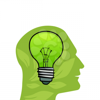 Illustration with silhouette and lightbulb, isolated on white background