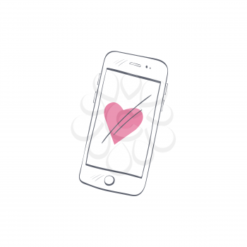Hand drawn smartphone with simple doodle heart isolated on white background