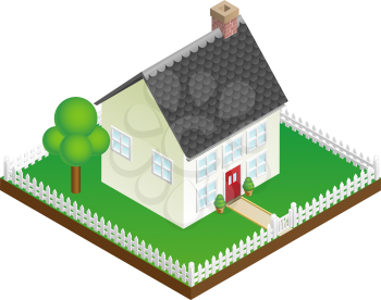A quaint house with picket fence in isometric view