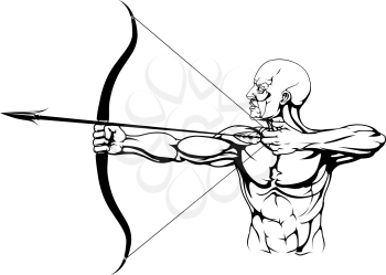 Illustration of monochrome strong archer with bow and arrow
