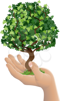 Conceptual illustration of a hand holding a growing tree