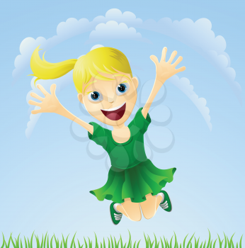 Illustration of a young girl happily jumping the air with arms outstretched.