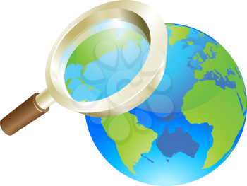 Magnifying glass zooming on world earth globe concept illustration