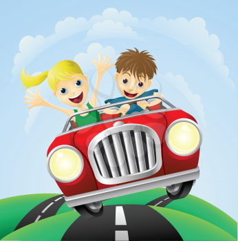 Young man and woman having fun driving their car on a road trip.