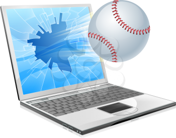 Illustration of a baseball ball flying out of a broken laptop computer screen