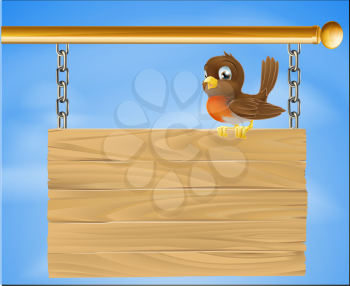 A cartoon illustration of a happy bird on a wood sign