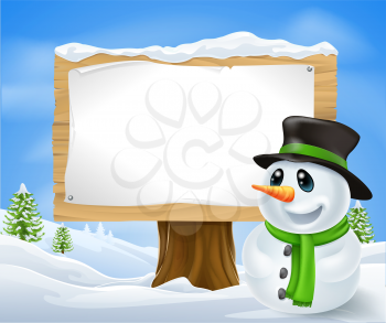 Christmas Snowman and large wooden Christmas sign with copyspace