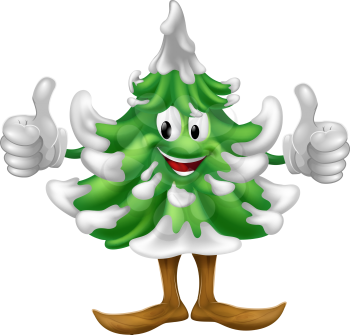A happy Christmas tree cartoon mascot giving a thumbs up