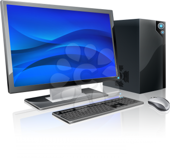 An illustration of desktop PC computer workstation. Monitor, mouse keyboard and tower