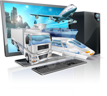 A desktop computer with truck, train, plane, and ship coming out of screen. Logistics transport or delivery concept.