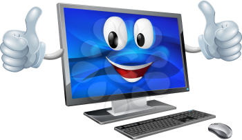 A cute happy cartoon computer mascot character smiling and doing a thumbs up