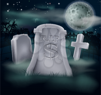 A grave in a graveyard with RIP and a dollar sign on it. Economy or financial concept.