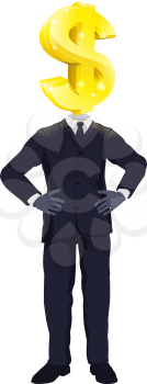 A businessman with a gold dollar sign symbol for a head