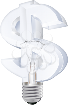 Illustration of an electric light bulb in the shape of a dollar sign. Concept for energy costs, energy efficient lightbulbs, money making ideas or other