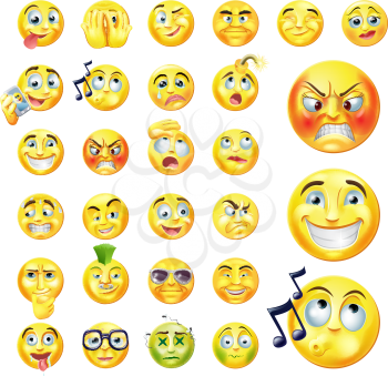 A set of very original emoticon or emoji icons representing lots of reactions, personalities and emotions