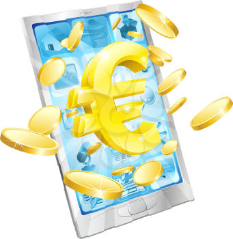 Euro money phone concept illustration of mobile cell phone with gold Euro sign and coins