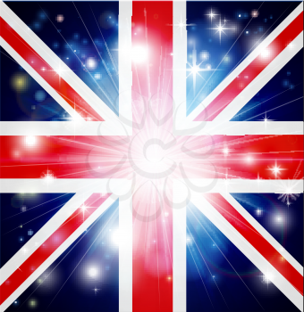 Union Jack flag of United Kingdom background with pyrotechnic or light burst and copy space in the centre