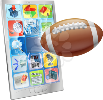 Illustration of an American football ball flying out of mobile phone screen