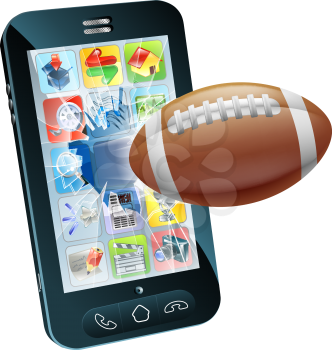 Illustration of an American football ball flying out of cell phone screen