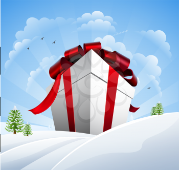A giant Christmas present in the snow. Concept for a huge Christmas sale.