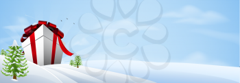 Illustration of a giant Christmas gift in winter landscape, banner background
