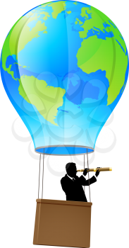 Businessman in a business suit with a telescope looking forward for opportunity in a hot air balloon with a world globe on it. Concept illustration