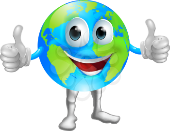 A world or globe mascot character with a broad grin giving a thumbs up