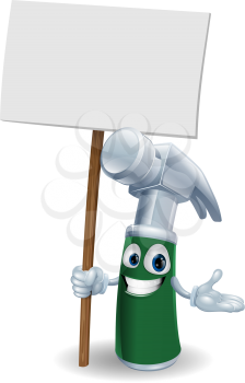 Claw hammer tool cartoon character mascot illustration holding a sign post
