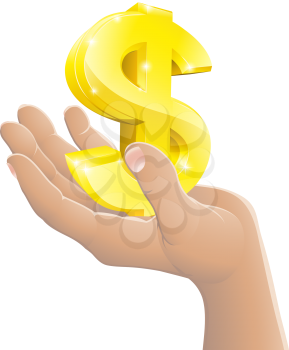 Illustration of a gold dollar sign being held in a hand