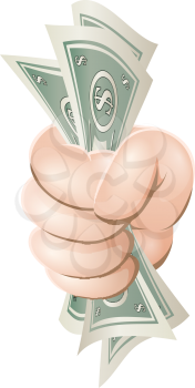 Illustration of a cartoon hand holding a fist full of money