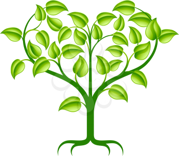 A green abstract tree illustration with branches growing into a heart shape.
