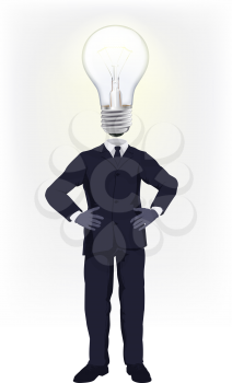 A businessman with a light bulb for a head. Conceptual illustration for a business man having a bright idea or doing smart business