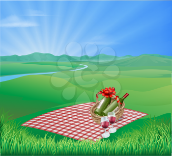 Picnic blanket and red wine in natural landscape. Romantic scene