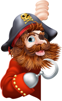 A laughing cartoon pirate with a hook and eye patch peeking out pointing out a message