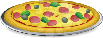 Illustration of a tasty looking peperoni and olive pizza with basil  leaves