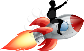 A businessman seated riding a rocket. Concept for innovation, success or breaking new ground in business.
